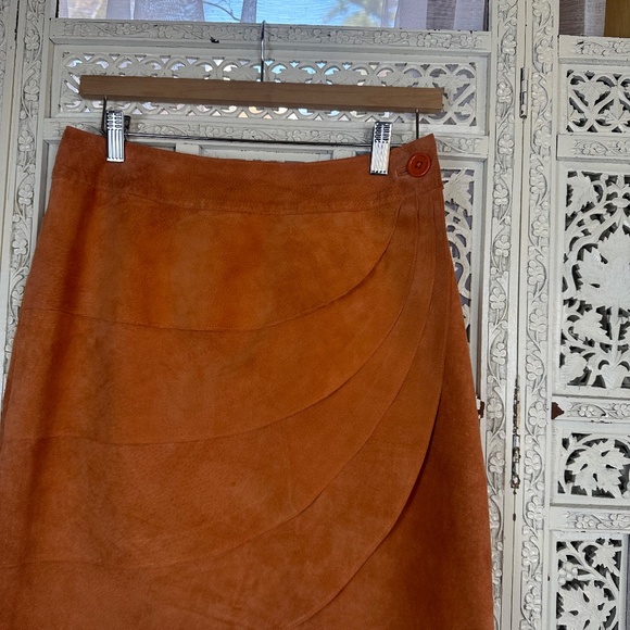 Vintage Retro Orange Tiered Suede Leather Knee Length Wrap Skirt Sz Small - Picture 3 of 9